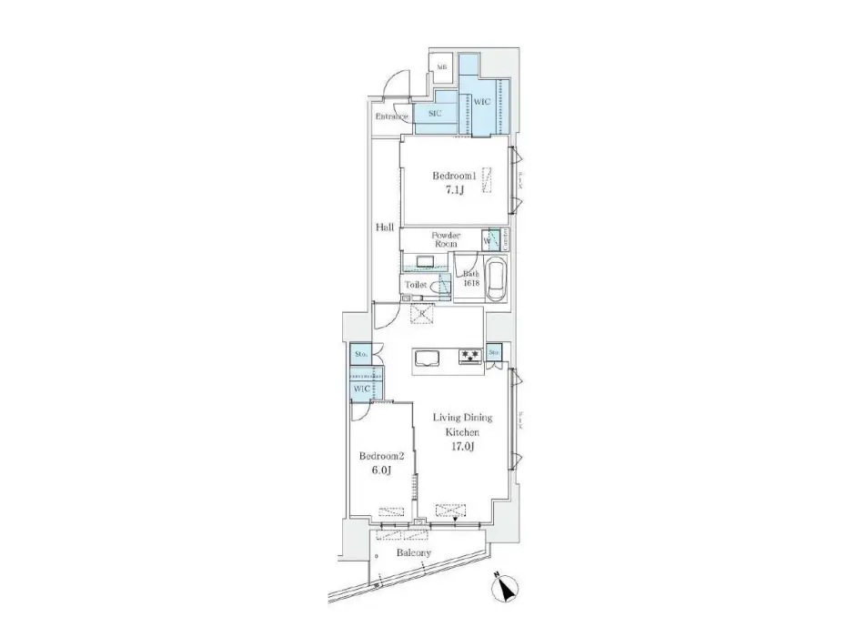 - 2LDKの間取り図、リビングダイニングキッチン、2つの寝室、洗面所とトイレ、バルコニーを含むレイアウト