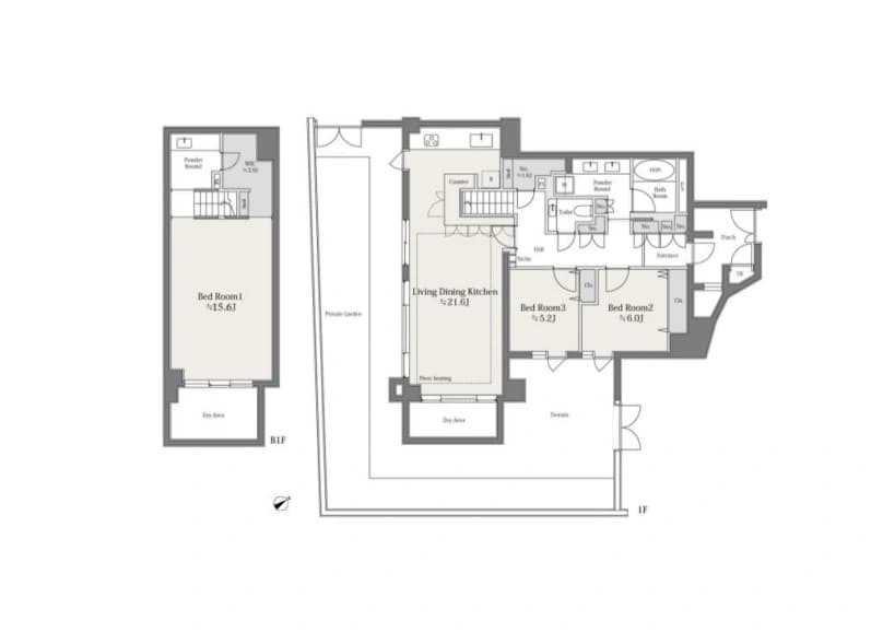 - 1階と2階の間取り図、リビングダイニングキッチンを中心に寝室3室とバスルームが配置された住宅フロアプラン
- 2階部分にリビングダイニングキッチン、テラスと吹き抜けのある開放的なリビング空間を中心とした間取り図