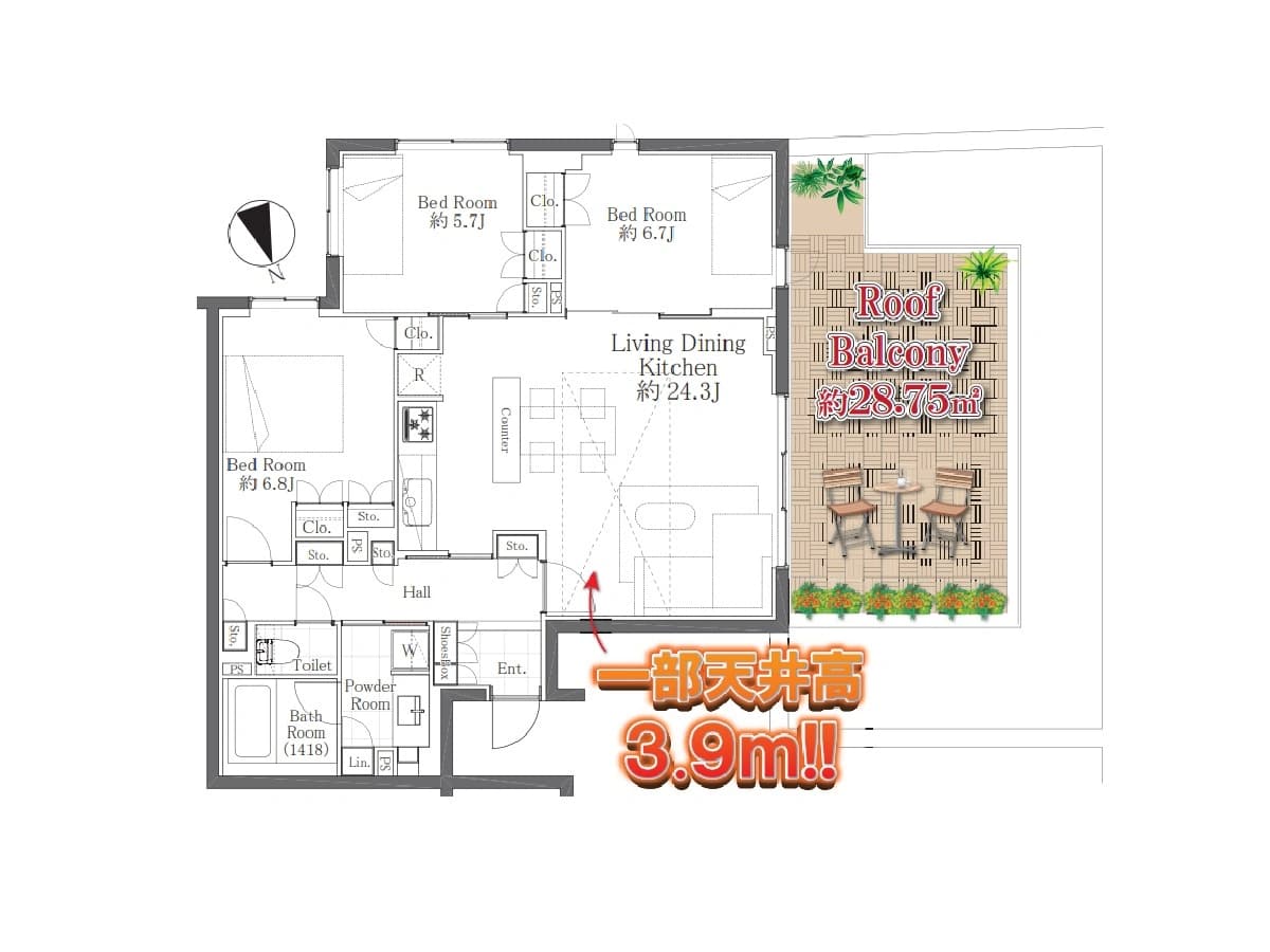 - 3LDKの間取り図、リビングダイニングキッチン約24.3Jと寝室2部屋、屋上バルコニー約28.75m²、玄関・ホール・浴室・トイレ・収納スペースを示す平面図