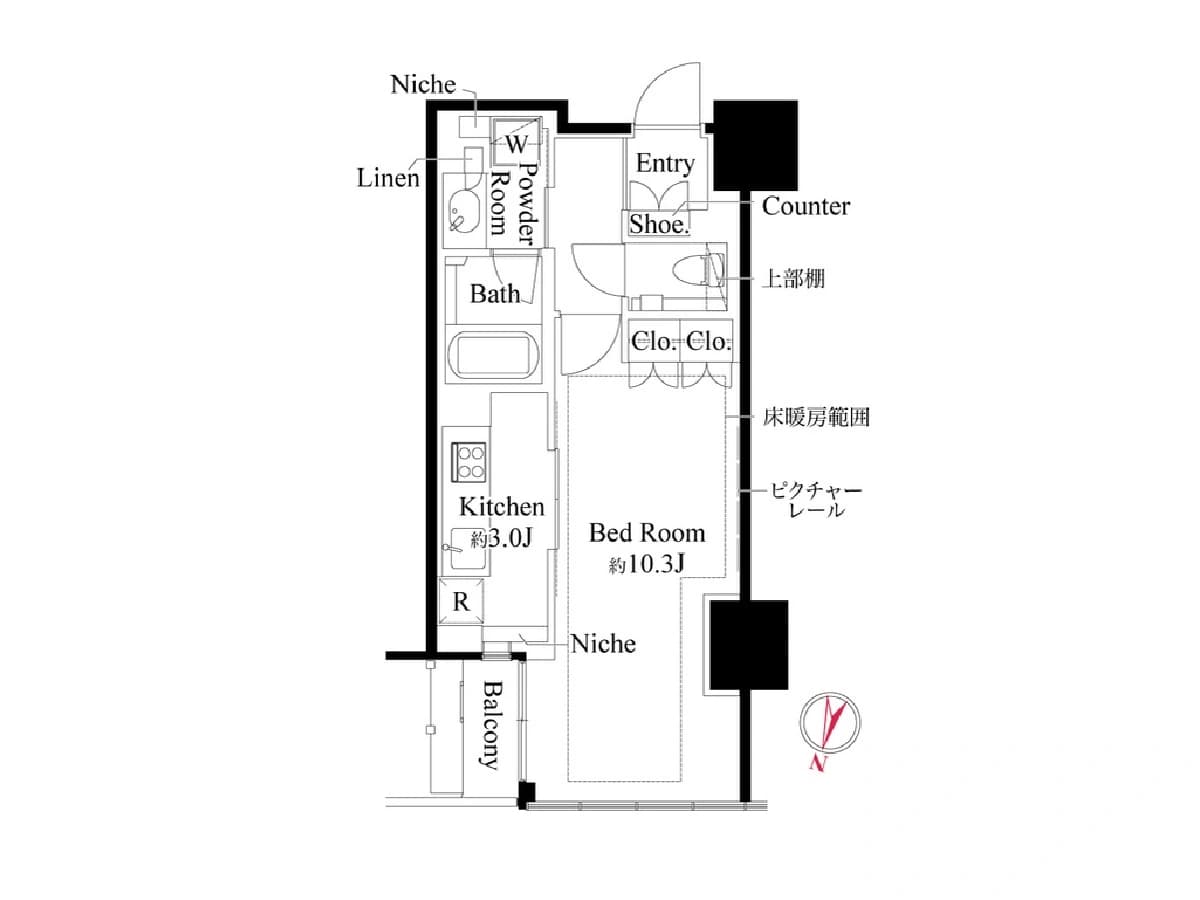- 間取り図のアパート平面図、ベッドルーム約10.3畳とキッチン約3.0畳、バルコニーとクローゼット、玄関スペースとサニタリールーム、暖房範囲とピクチャーレール、上部棚付きの収納を示す黒枠のレイアウト図