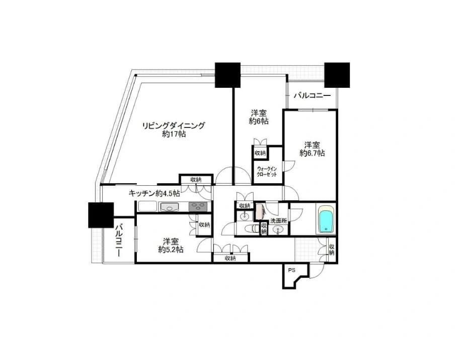 - 間取り図の平面図、リビングダイニング約17帖と洋室約6帖・約6.7帖、キッチン約4.5帖、バルコニー2箇所、ウォークインクローゼットと各収納スペース、浴室・洗面所・トイレ、PS表示のあります。