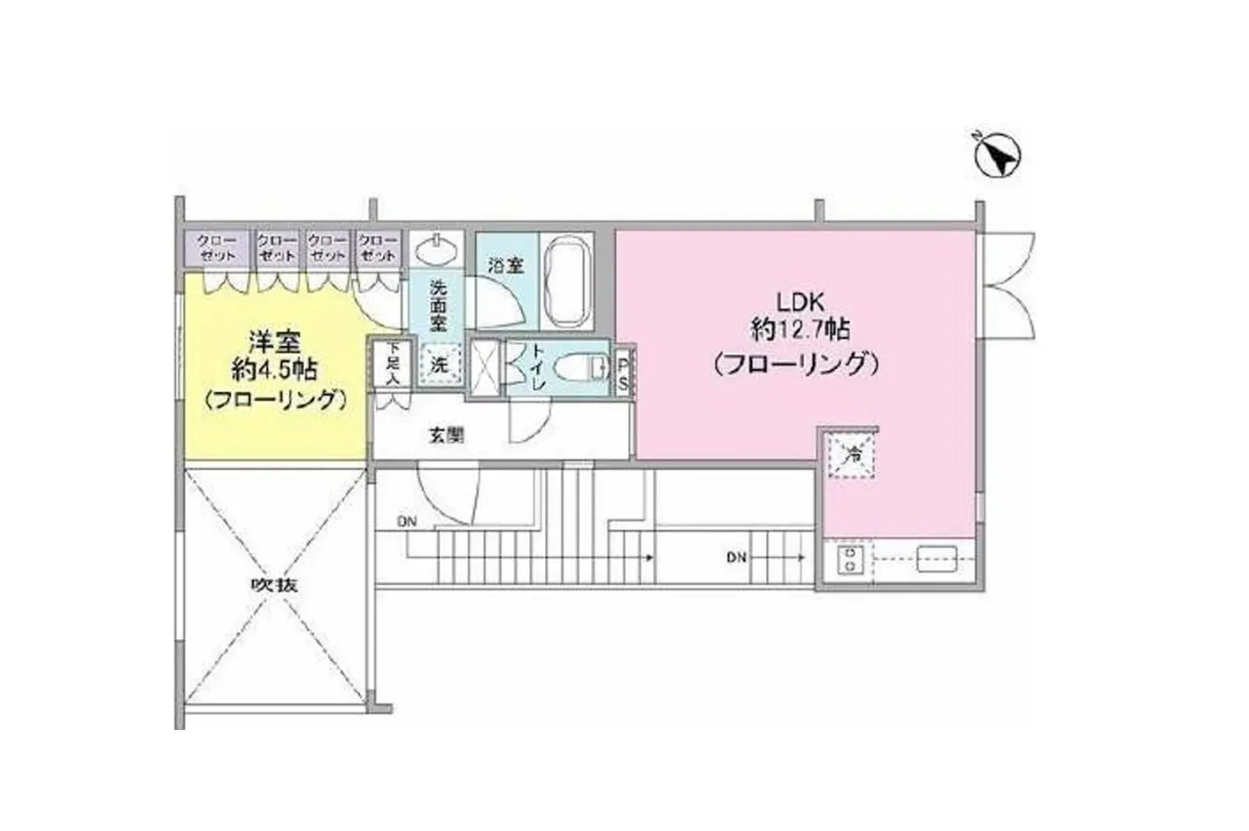 明るく広々とした間取り図、LDK12.7畳に洋室4.5畳、フローリングと収納スペースが充実した新築マンションのプラン