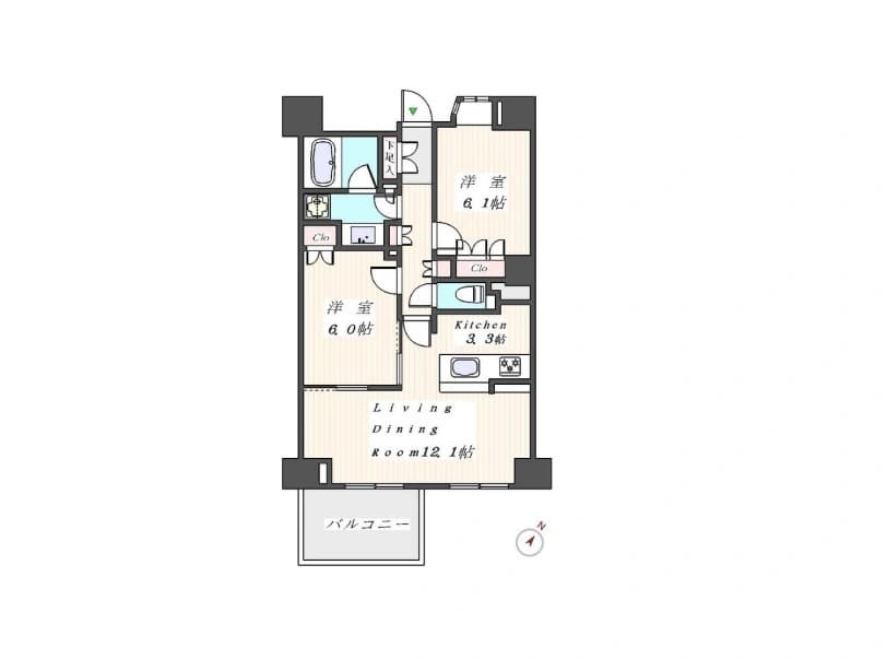 - バランスの取れた間取りのマンション平面図、リビングダイニング12畳と2室の洋室6畳・6畳、キッチン3.3畳、バルコニー付き、玄関・浴室・トイレ・収納スペースあり