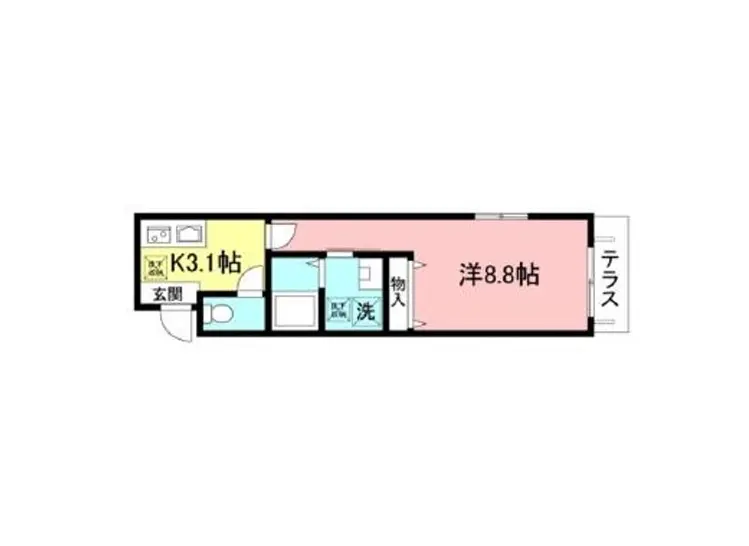 コンパクトな間取り図、キッチン、洗面所、トイレ付きのワンルームアパートのレイアウト