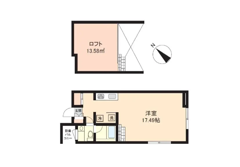 間取り図、ロフト付きワンルームのプラン、キッチンとバスルームが描かれているアパートの設計図