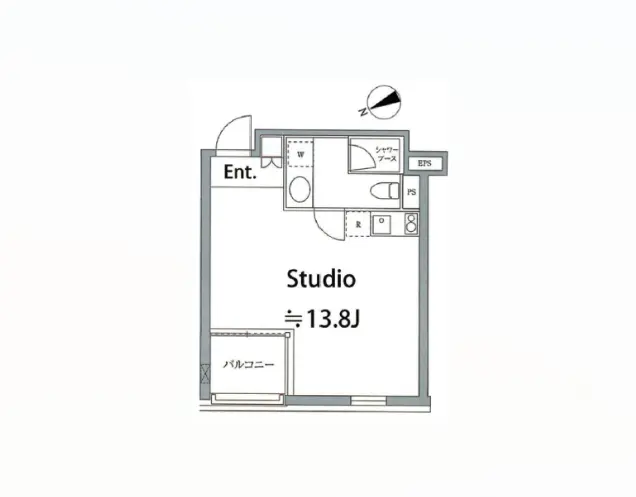 スタジオタイプの間取り図、13.8畳の広さ、エントランス付き、キッチンとバスルーム完備