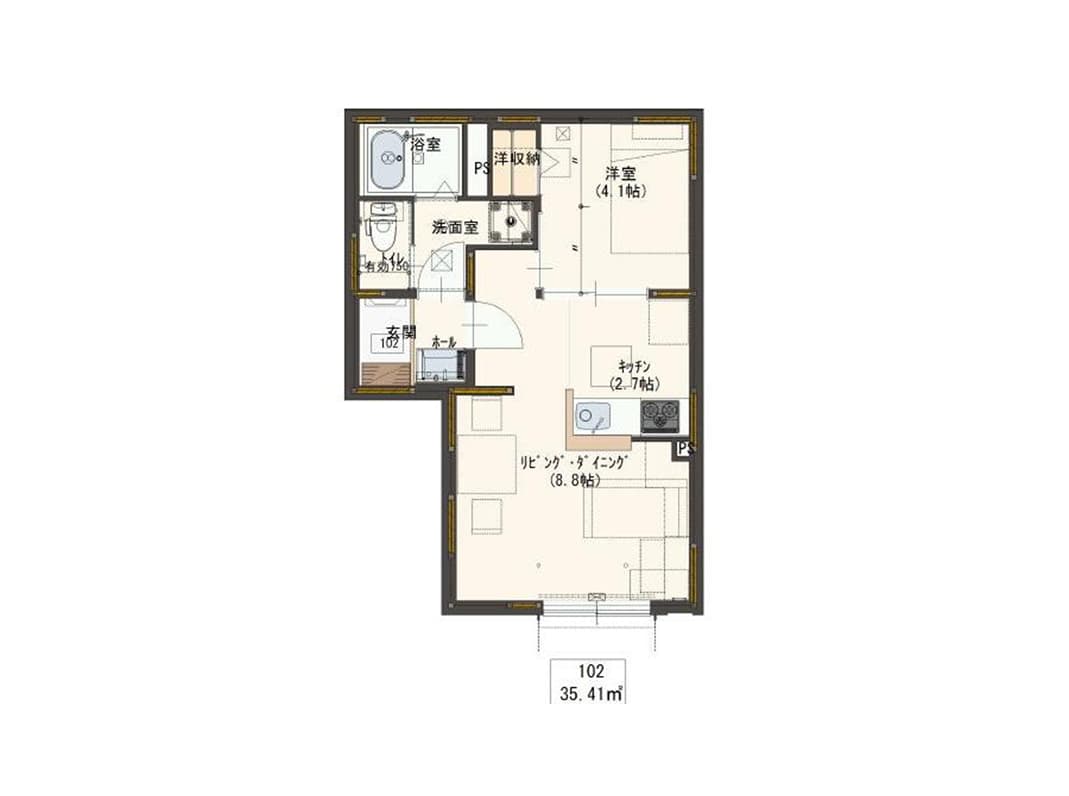 - 35.41㎡の間取り図、リビング・ダイニング(8.8帖)とキッチン、洋室(4.1帖)、浴室・洗面所・玄関・ホールを含む平面図