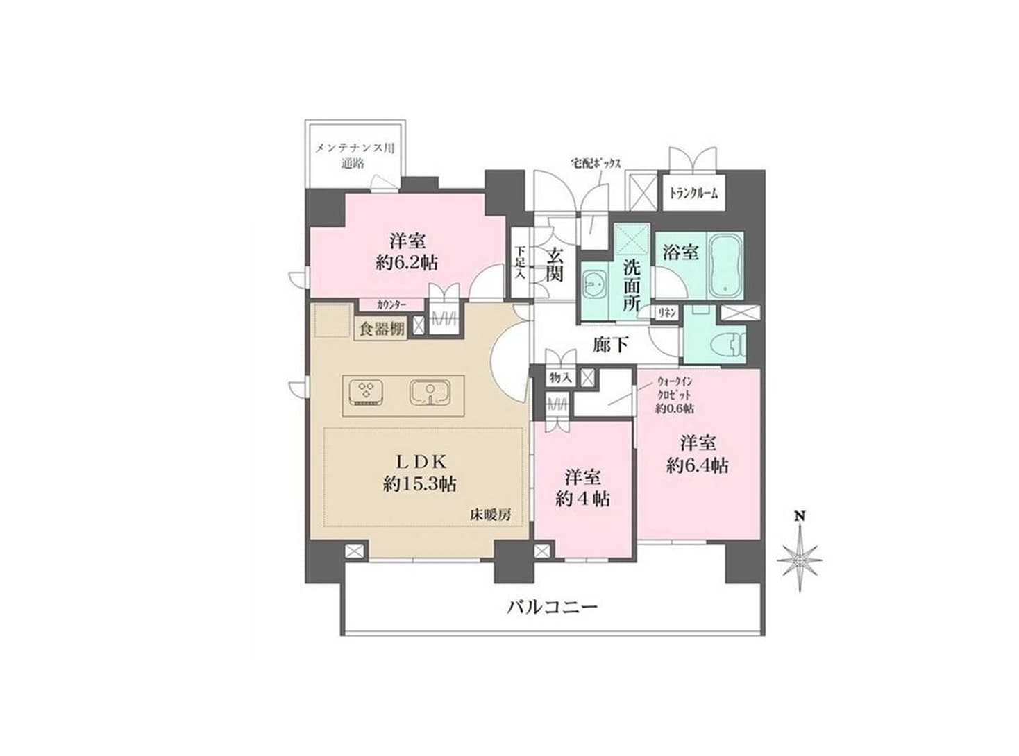 - 間取り図:リビングダイニングキッチン(LDK)約15.3畳と洋室3部屋、バルコニーに面した配置、キッチン背面にカウンターと食器棚、トイレ・洗面・浴室・ウォークインクローゼットなどの水回りの位置関係が分かる平面図