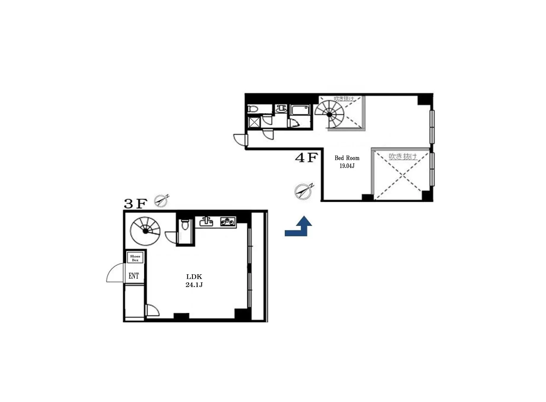 - 3階と4階の間取り図、LDK(24.1畳)と寝室(19.04畳)のレイアウトを示した図面