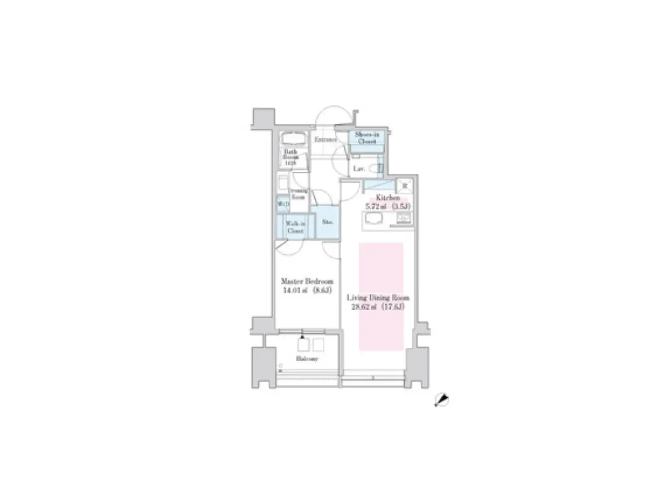 - モダンなマンションの間取り図、マスターベッドルーム、リビングダイニングルーム、キッチン、バルコニーを含むデザイン