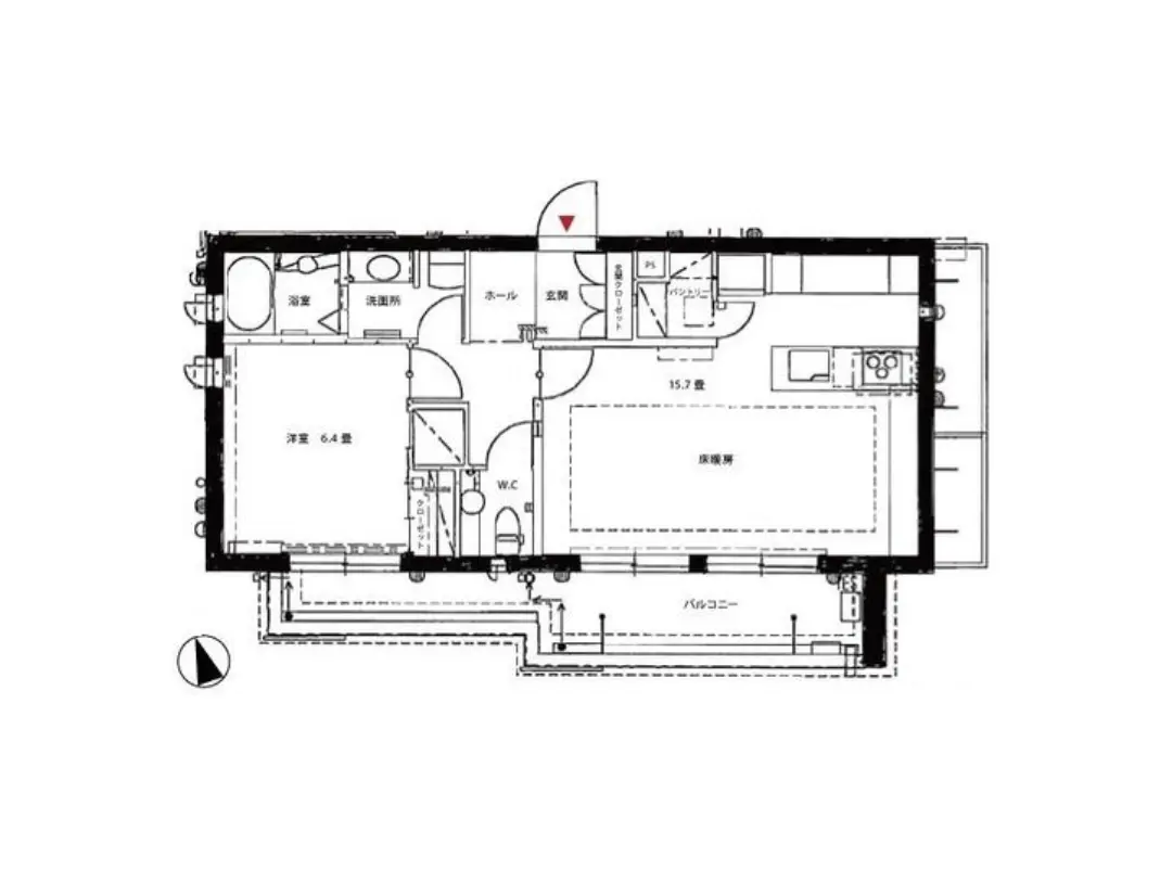 - リビング、ダイニング、キッチンを含む間取り図、洋室、浴室、トイレの配置を示した建物の平面図