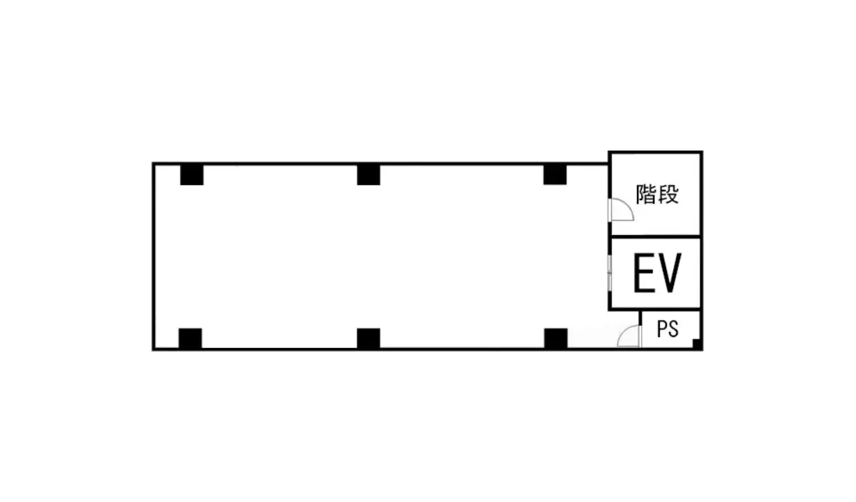 - 建物のフロアプラン、左側に階段、右側にエレベーターと駐車場を示すシンプルなレイアウト図