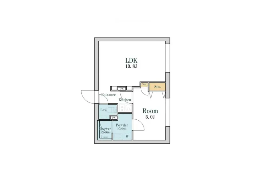 - LDK(リビング・ダイニング・キッチン)と寝室、洗面室、シャワールームが配置された間取り図、各部屋の寸法表記あり