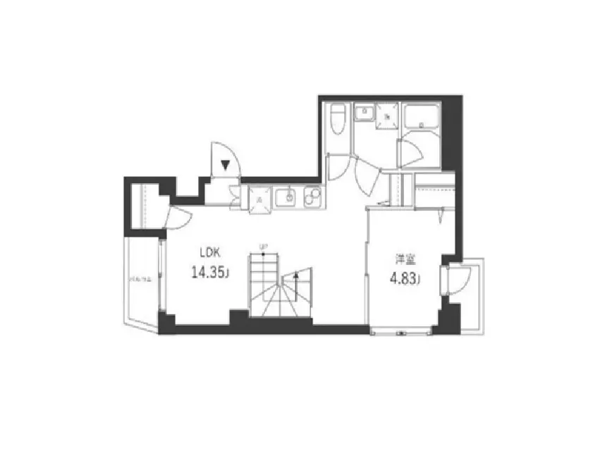 - LDK(14.35畳)と洋室(4.83畳)の間取り図、階段や水回りの位置が描かれたシンプルなレイアウト