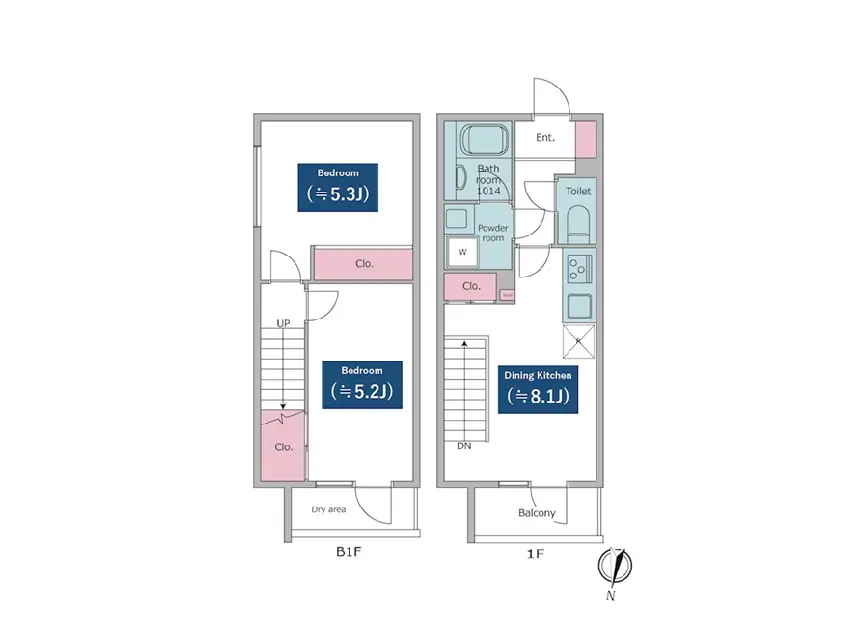 - 2階建て住宅の間取り図、1階にはダイニングキッチン(8.1畳)とトイレ、2階には2つの寝室(5.2畳と5.3畳)、浴室やパウダールームも配置された設計図