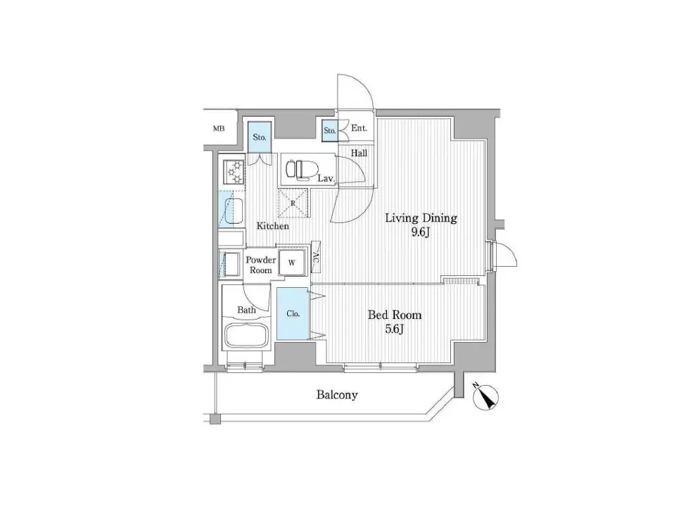- 2LDKの間取り図、リビングダイニングとベッドルームが配置されたコンパクトな住空間設計、バルコニー付き