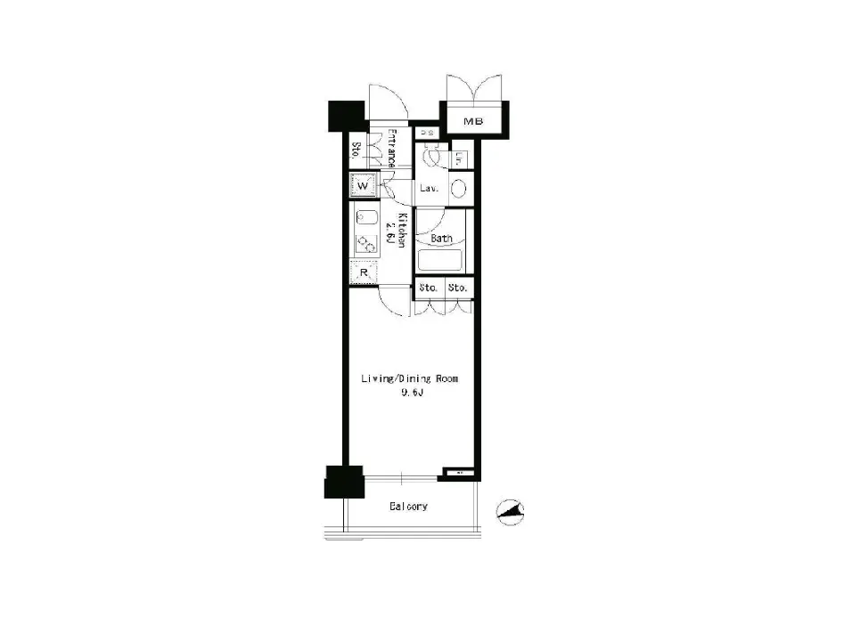 - LDK(リビング/ダイニングキッチン)、寝室、洗面所、バスルームを含むマンションの間取り図、バルコニー付きのデザイン