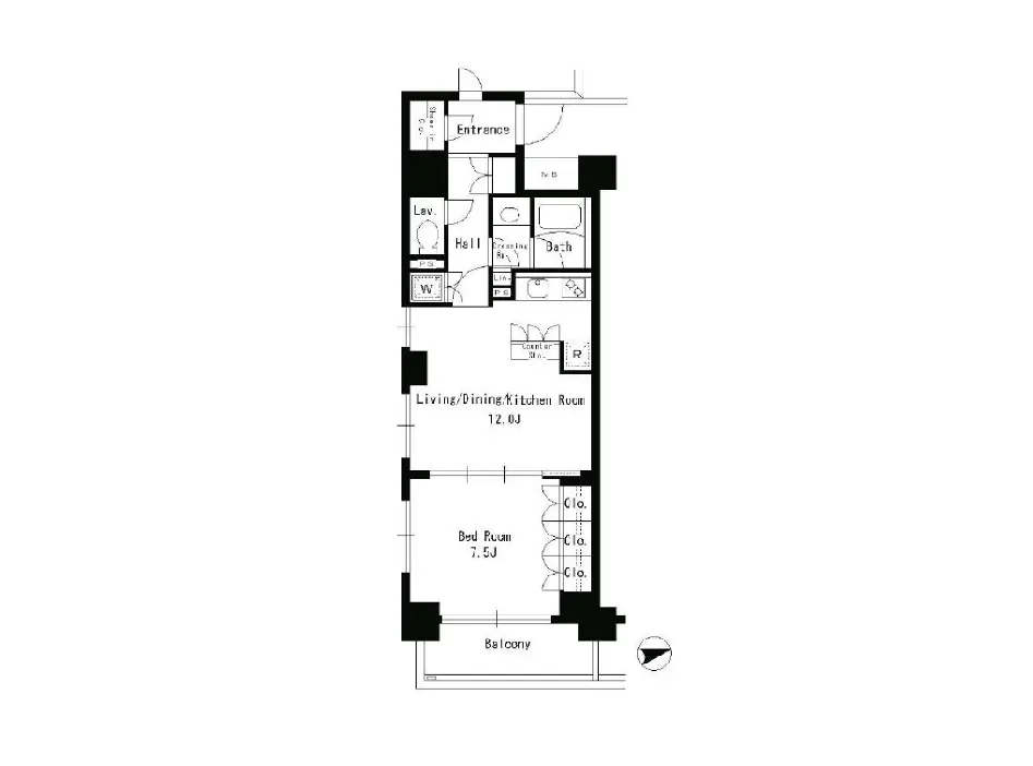 - 1LDKの間取り図、リビング・ダイニング・キッチンが一体化した明るいデザイン、バルコニーと寝室を備えたコンパクトな住宅プラン