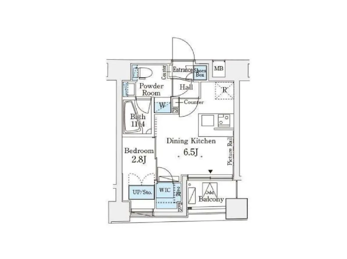 - 居間とダイニングキッチン、2部屋の寝室、バスルーム、化粧室を含む間取り図の詳細な配置図