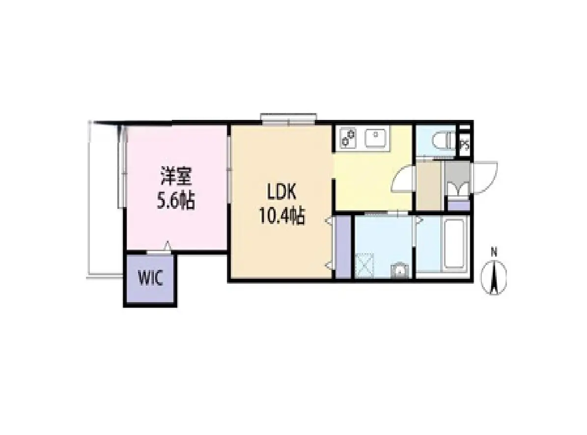 - 5.6畳の洋室と10.4畳のLDKを含む間取り図、WICと浴室も配置された間取りのレイアウト