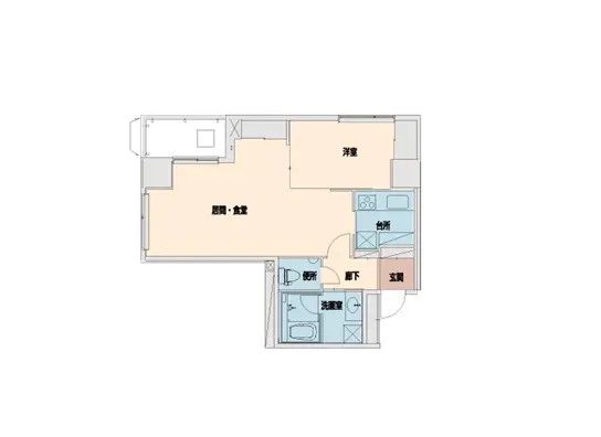- 間取りを示す平面図、リビング・ダイニング、洋室、キッチン、浴室、トイレが配置された部屋のレイアウト