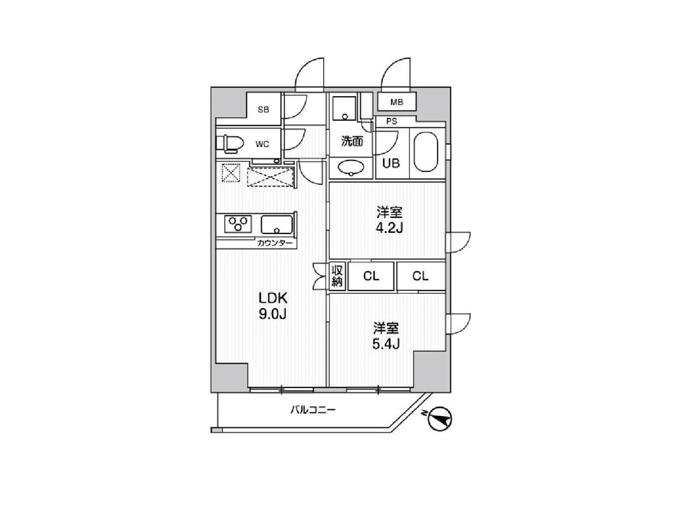 - モダンな間取りの住宅図面、LDK、洋室、洗面所、バルコニーのレイアウトを示す間取り図