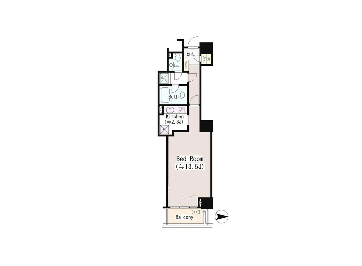 - 1LDKの間取り図、寝室(約13.5畳)、キッチン、バスルーム、バルコニーを含むレイアウト