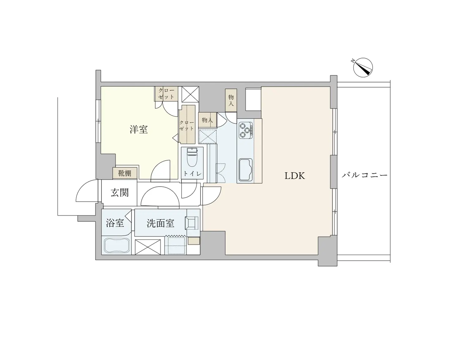 - LDK、洋室、浴室、洗面室、トイレ、玄関、バルコニーを含む関係が示された間取り図