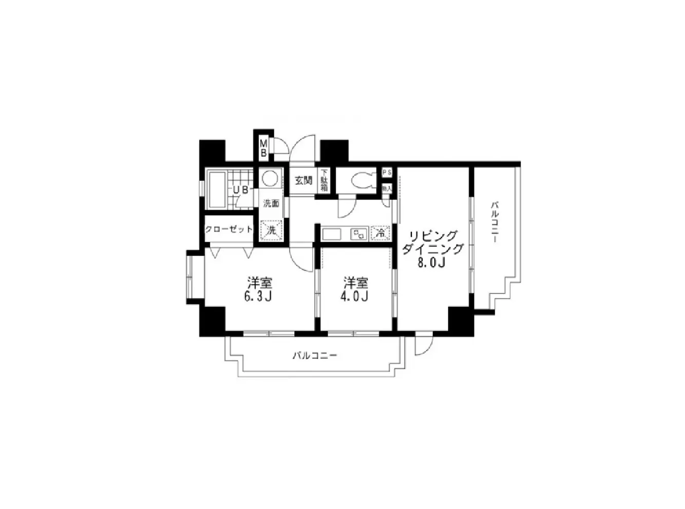 - 3LDKの間取り図、リビングダイニング8.0畳、洋室6.3畳と4.0畳、バルコニー付きの住宅設計