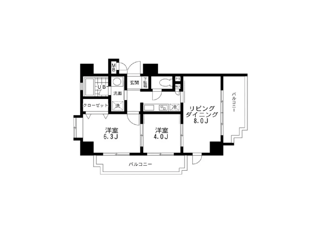 - 3LDKの間取り図、リビングダイニング8.0畳、洋室6.3畳と4.0畳、広々としたバルコニー付きの住宅配置