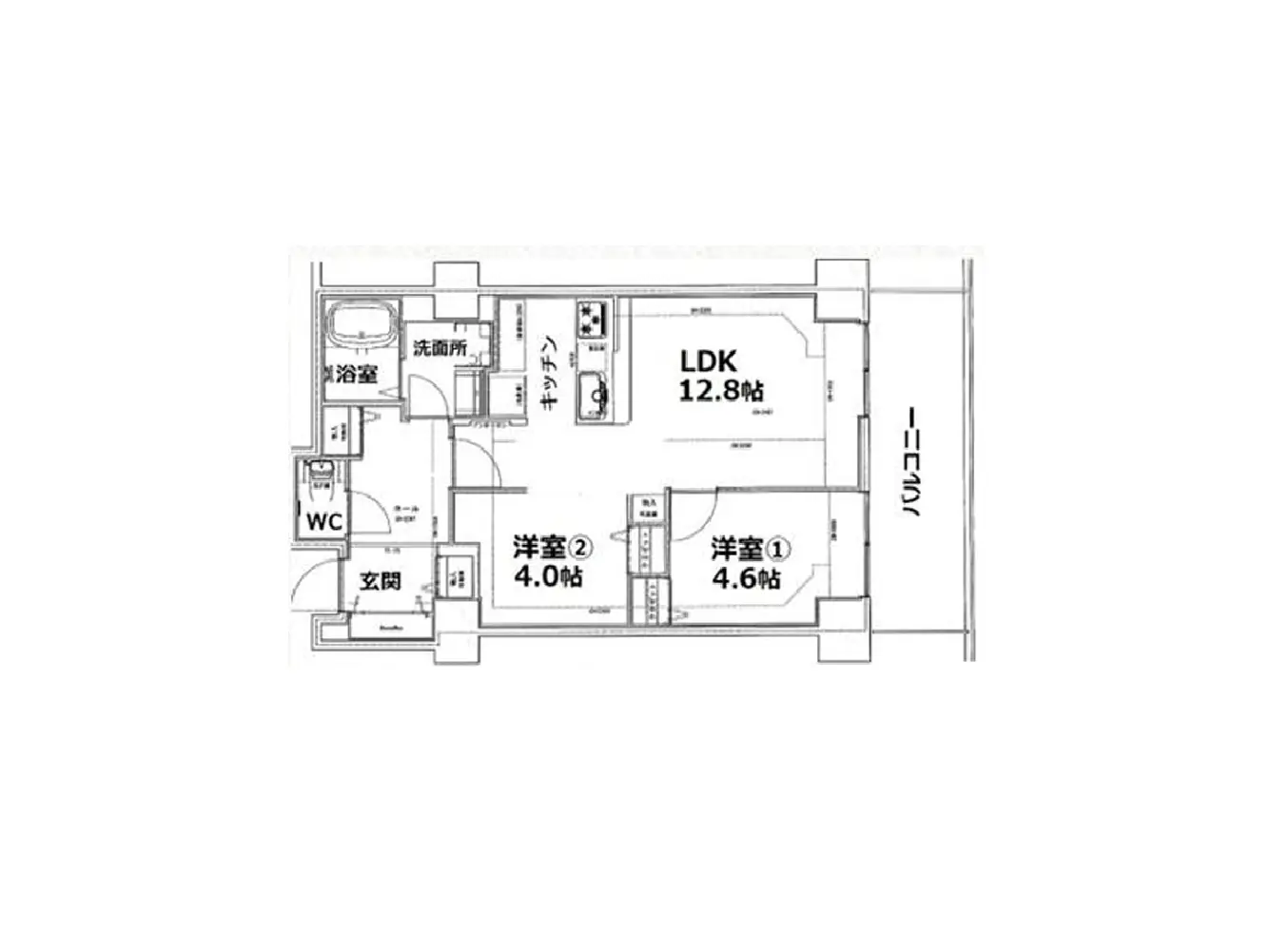- 2LDKの間取り図、リビングダイニングキッチン(LDK)12.8畳、洋室1(4.6畳)と洋室2(4.0畳)、浴室とトイレが含まれる配置図