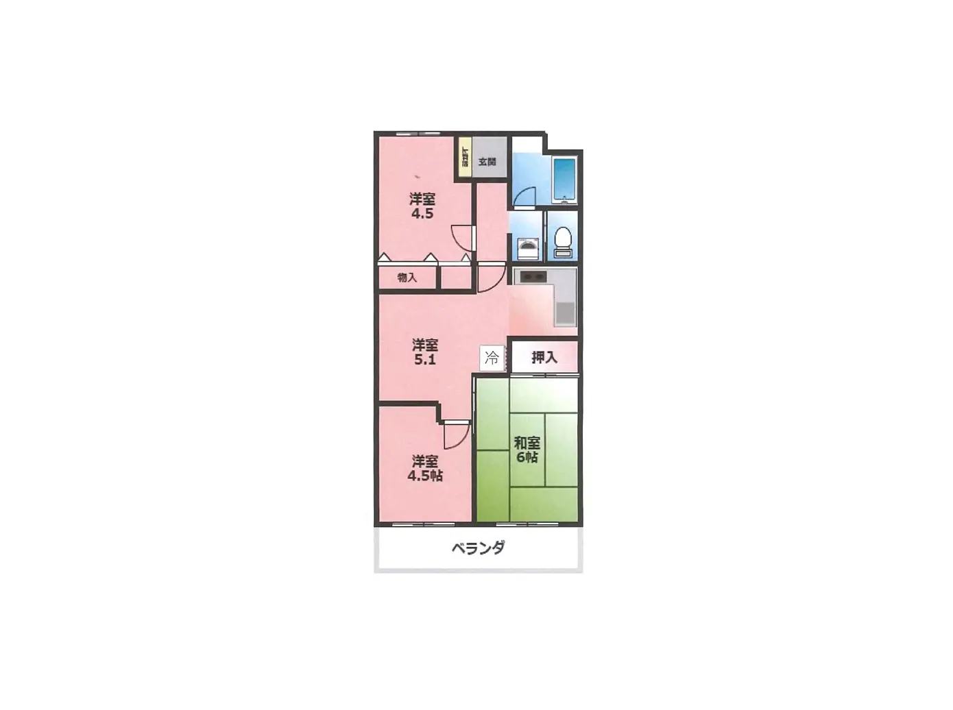 - 各部屋の寸法が記載された住宅の間取り図、洋室4.5帖、5.1帖、和室6帖、冷蔵庫や収納スペースが配置されたレイアウト
