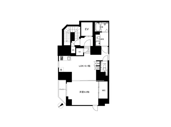 - LDK10.1畳、洋室2室、トイレ、洗面所が含まれる住宅の間取り図