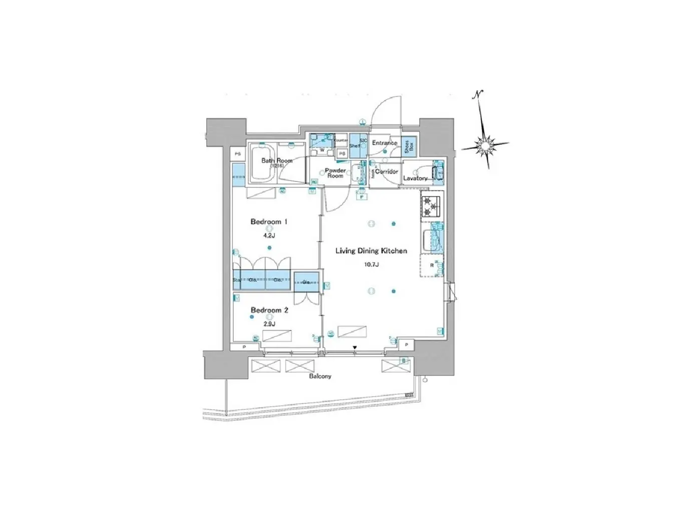 - 2室の寝室とリビングダイニングキッチンを持つ間取り図、洗面所、トイレ、バルコニーの配置が示された設計図