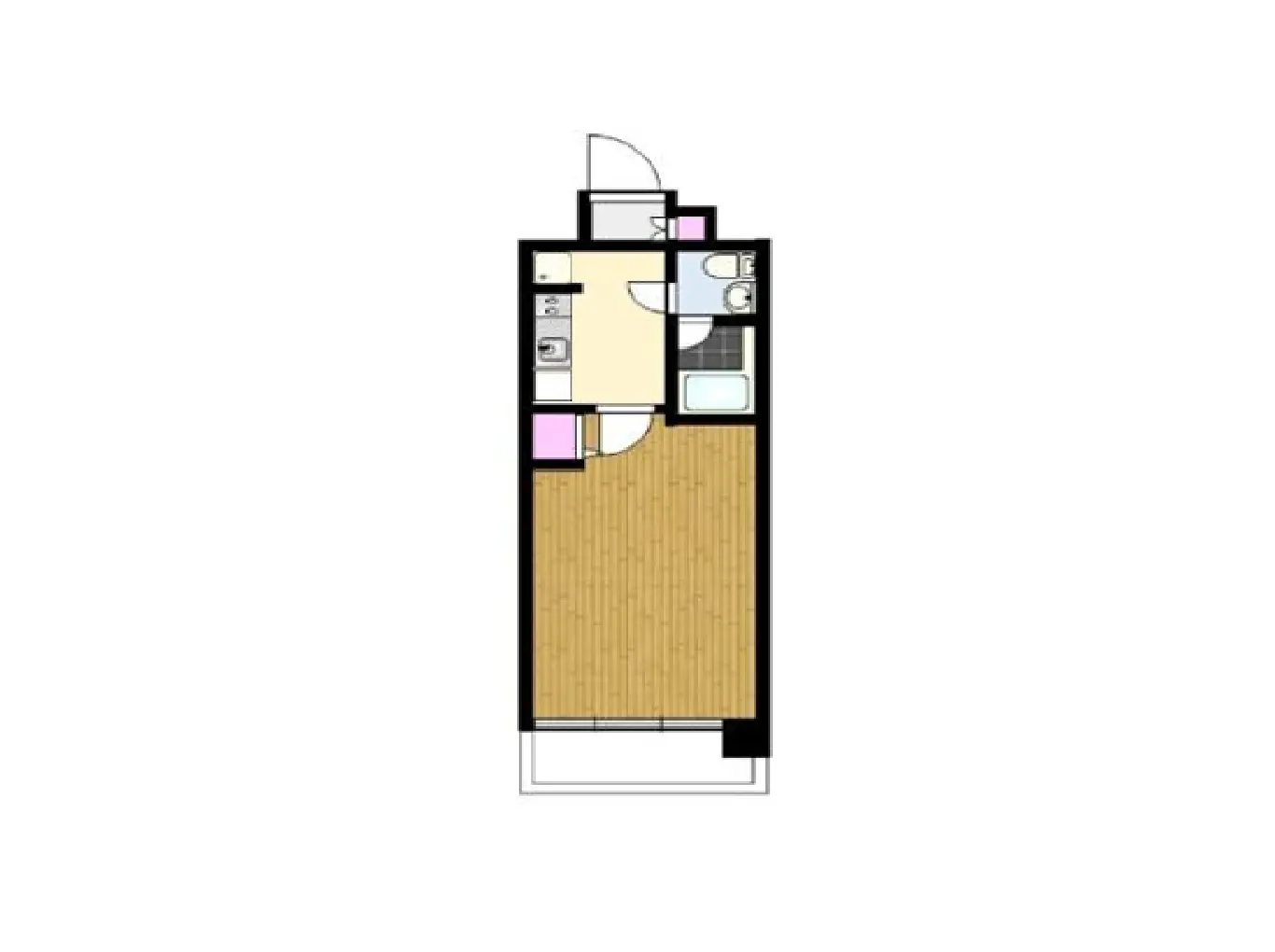 - コンパクトな間取りのアパートメント、リビングキッチン、バスルーム、洋室が配置された設計図