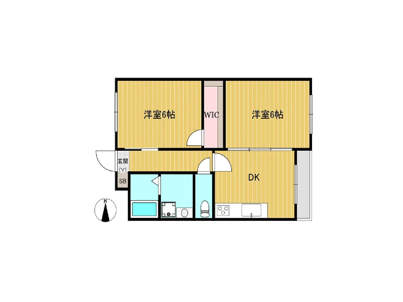 - 3部屋とダイニングキッチンを含む間取り図、各洋室は6畳、ウォークインクローゼット(WIC)付きのレイアウト
