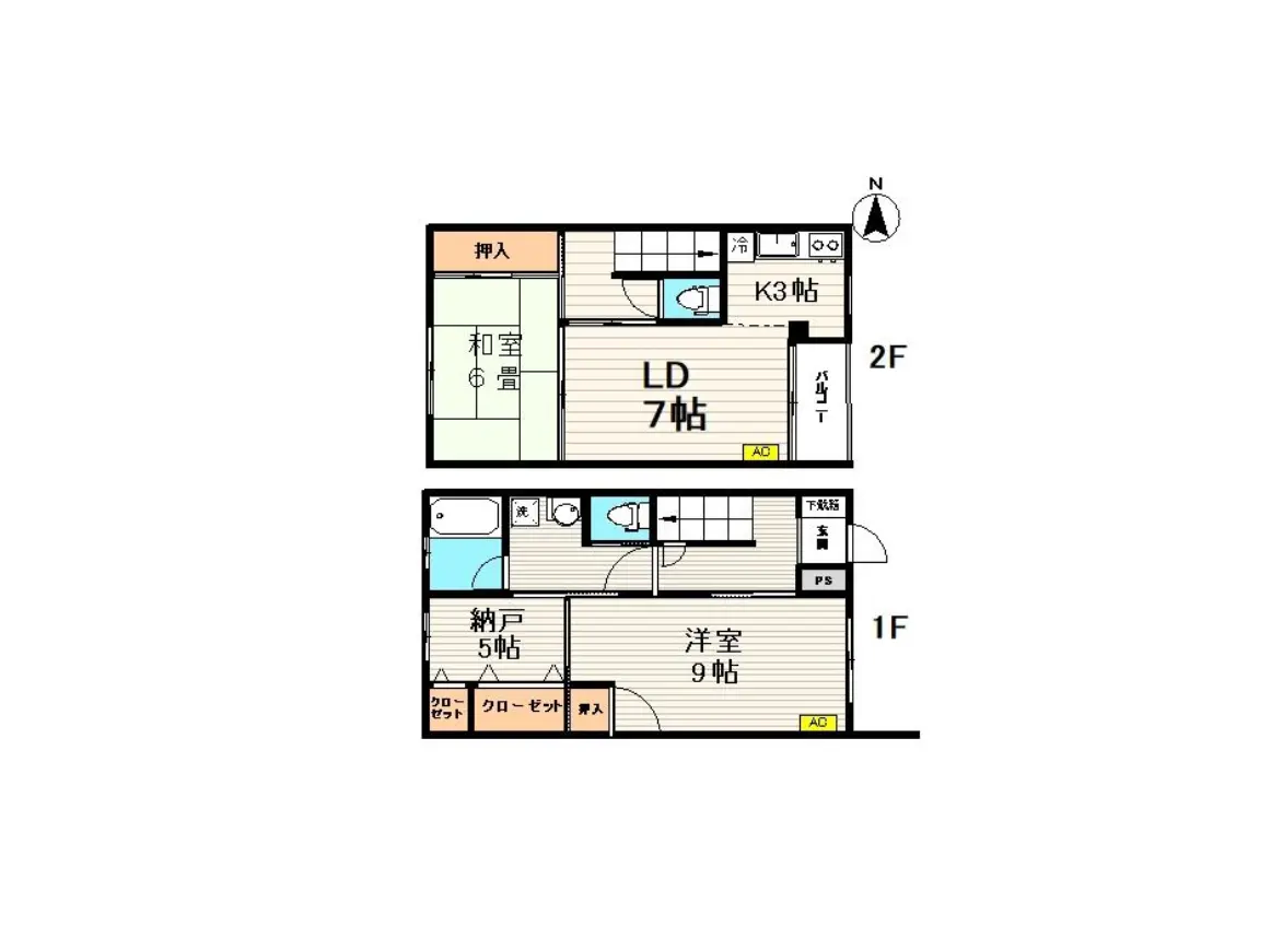 - 2階建ての間取り図、1階に納戸と洋室、2階に和室とリビングダイニングが配置されたレイアウト