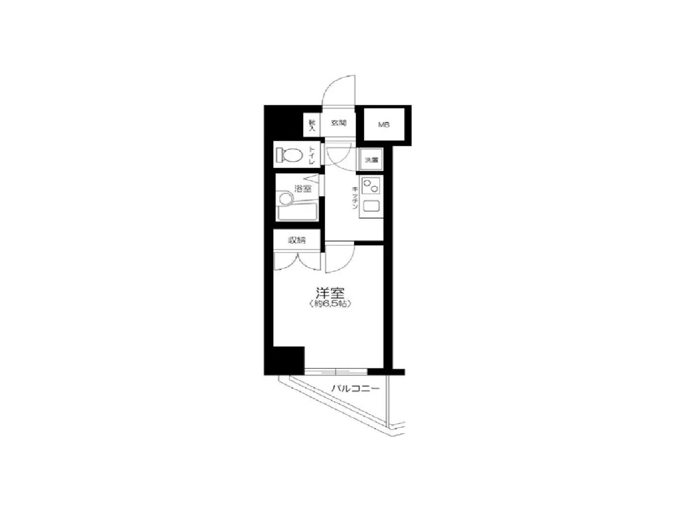 - 1LDKの間取り図、洋室とバルコニー、キッチン、洗面所、浴室、トイレが配置されたレイアウト