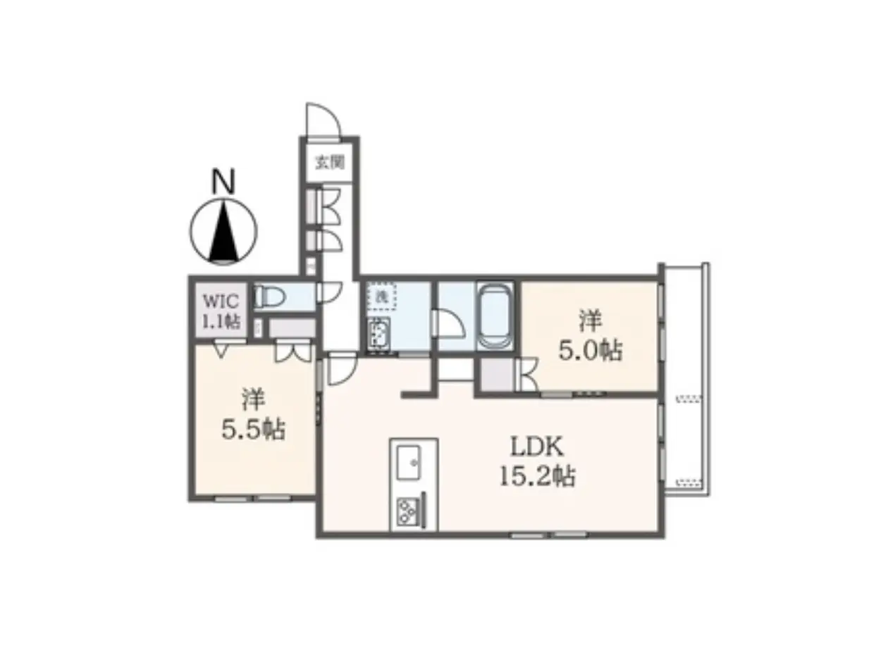 - 3LDKの間取り図、リビングダイニングキッチン(LDK)15.2帖、洋室2部屋(5.0帖、5.5帖)、ウォークインクローゼット(WIC)1.1帖を備えたシンプルなレイアウト