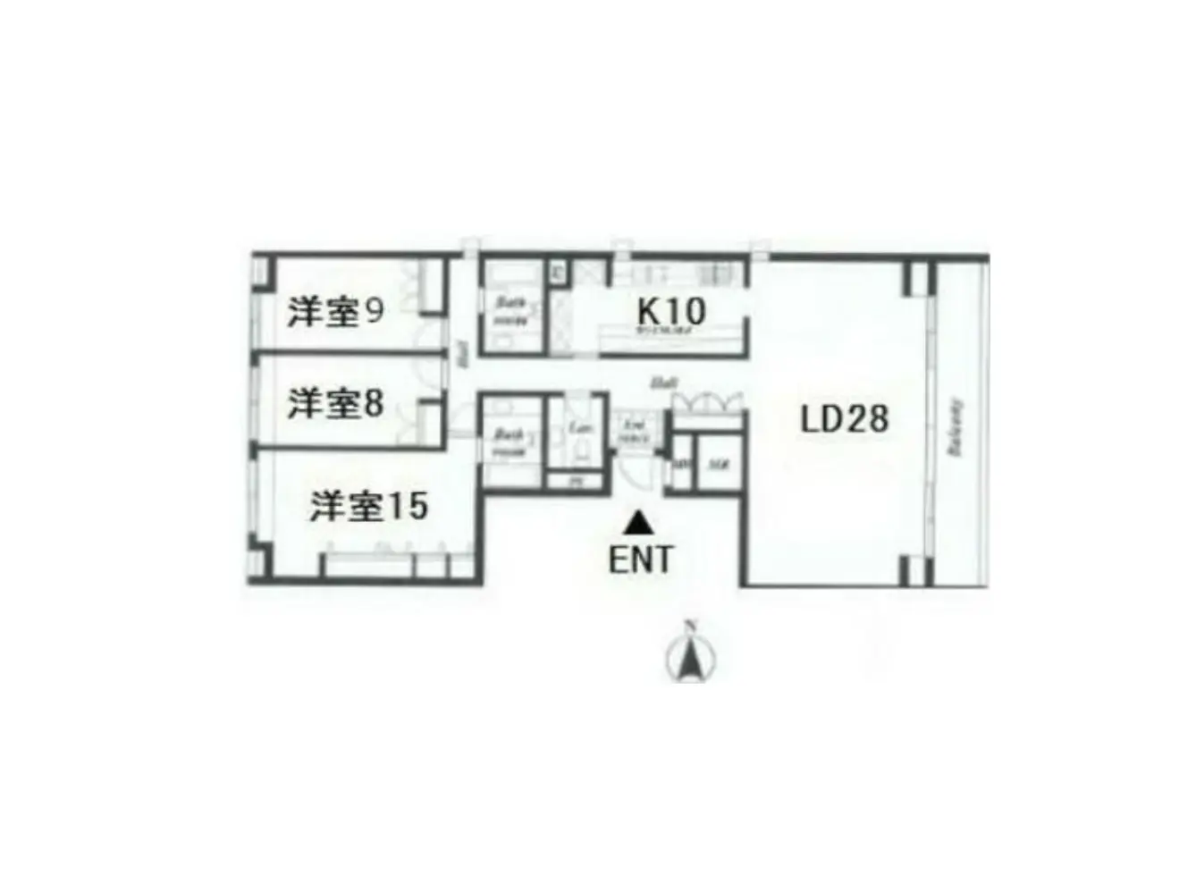- 3つの洋室とLD28、K10を備えた間取り図、玄関と各部屋のレイアウトが示された住宅プラン