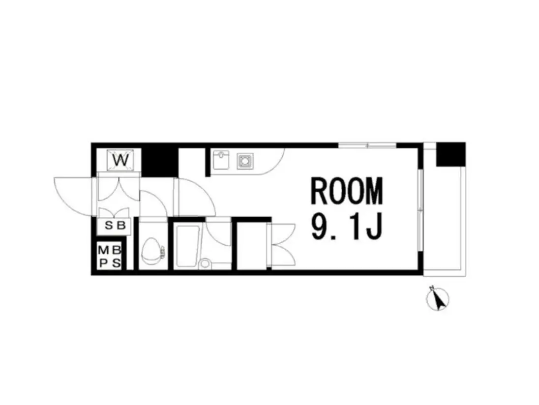 - 9.1畳の部屋の間取り図、洗濯機置き場、トイレ、洗面所、収納スペースを含む配置が示されている。