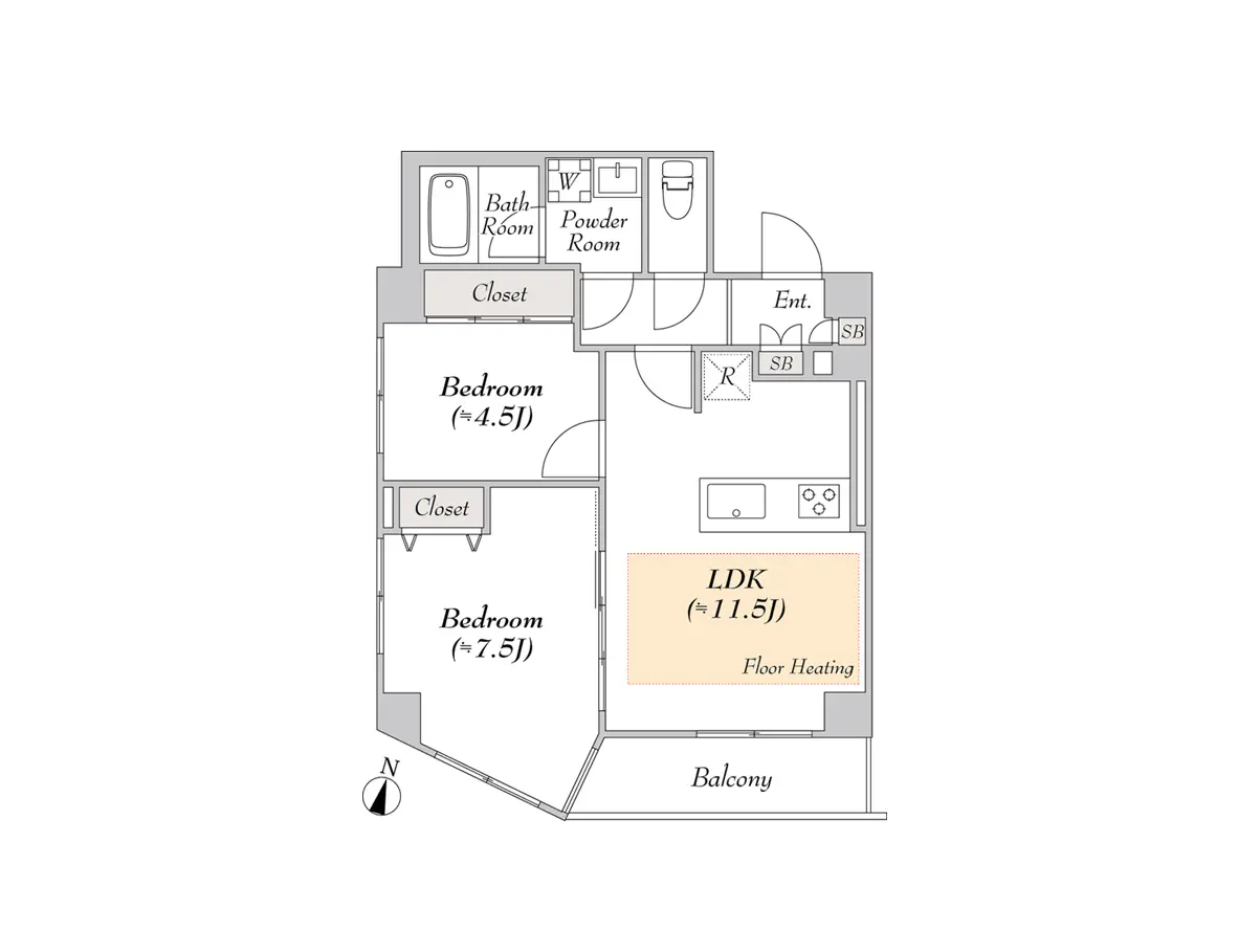 - 2つの寝室とLDKを備えた間取り図、バルコニー、床暖房付き、各部屋にクローゼットを配置したデザイン