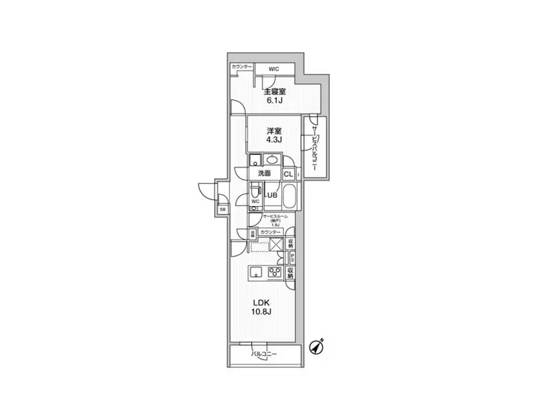 - 住宅の間取り図、LDK10.8帖、主寝室6.1帖、洋室4.3帖、洗面所、バルコニー付きのシンプルなレイアウト