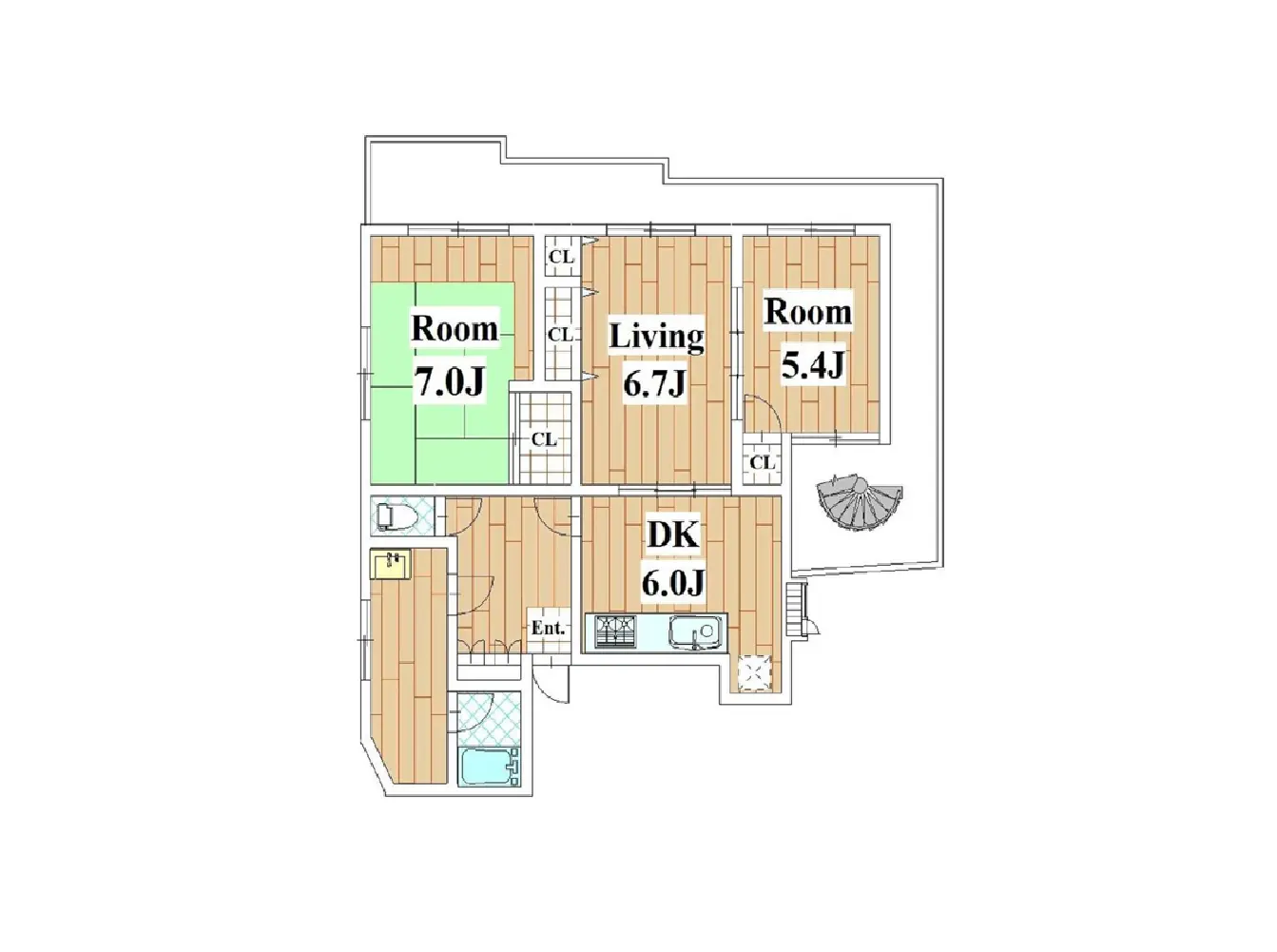 - 3LDKの間取り図、各部屋の面積が明記されている、リビング、ダイニングキッチン、個室が配置された設計図