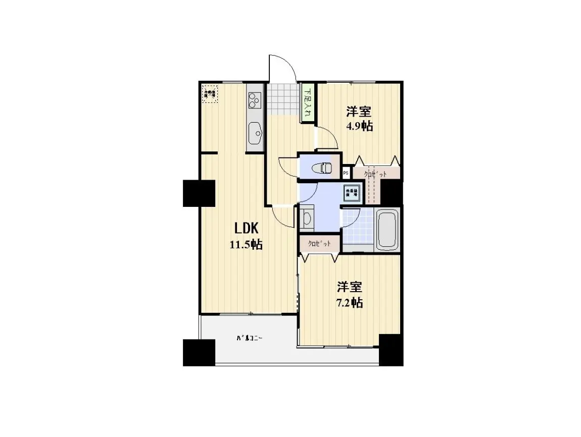 - LDKと2つの洋室を持つ間取り図、LDKは11.5帖、洋室はそれぞれ4.9帖と7.2帖で、収納スペースも完備されているデザイン