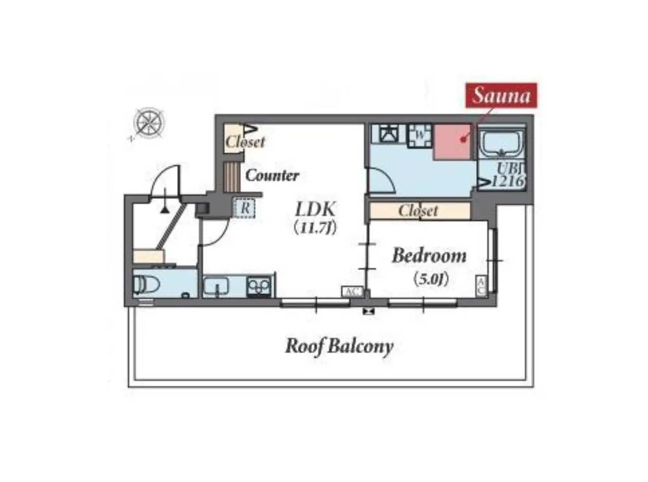 - LDK(リビング・ダイニング・キッチン)、寝室、サウナ付きの間取り図、屋上バルコニーの表示。