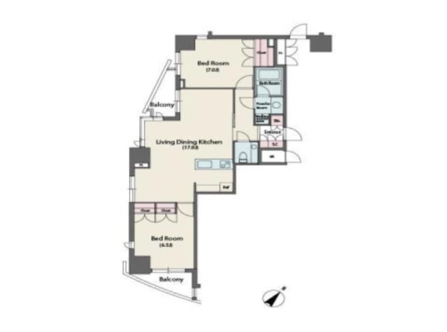 - 角度のある間取りのリビングダイニングキッチンと2つのベッドルーム、各部屋にバルコニー付きのマンション間取り図
- ベッドルーム2室とリビングダイニングキッチン、動線が分かる平面図、玄関・バスルーム・洗濯機置き場の配置も示す室内配置図