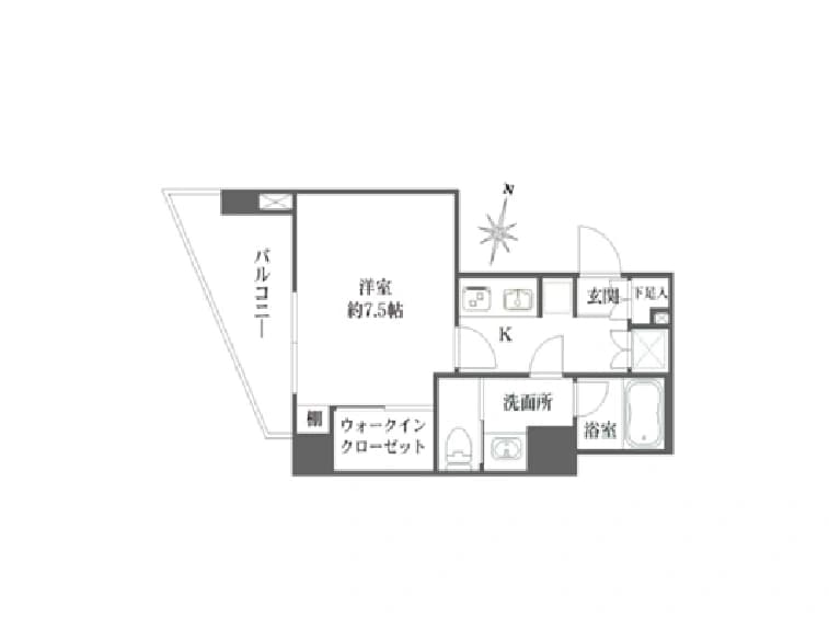 - バルコニーに面した洋室約7.5畳、ウォークインクローゼット付きの間取りとキッチン、洗面所・浴室・玄関を備えた1LDKタイプの平面図