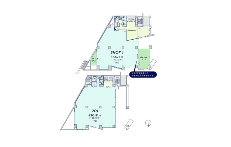 店舗の平面図、2階建てのショップと居住区を示す図面。ショップ1と201号室の広々とした空間配置、テラスの位置と共用エリアの動線がわかる。