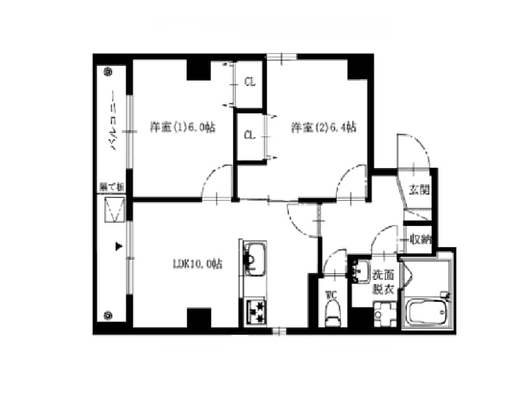 - 二つの洋室とリビングダイニングキッチンを含む間取り図、玄関・収納・洗面・浴室・トイレ・バルコニーを配置した日本のマンション平面図